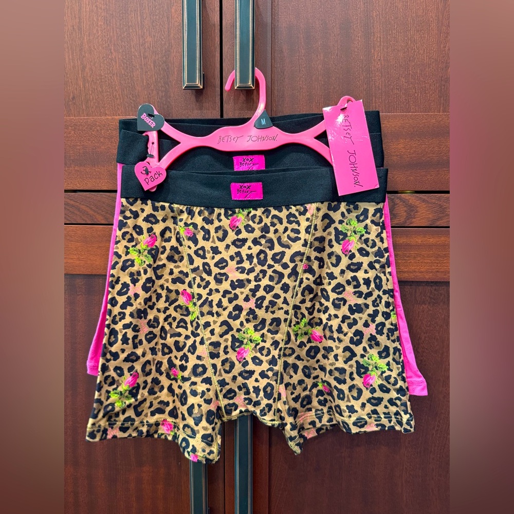 Betsey Johnson NWT Size L 3Pk Leopard Pink & Black Boxer Short Panties (I030)
